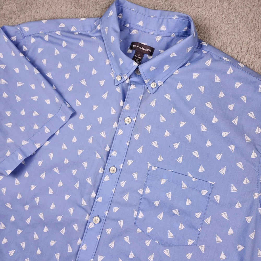 Van Heusen Button Down Shirt Mens Large Blue Sailboat Print Coastal Nautical